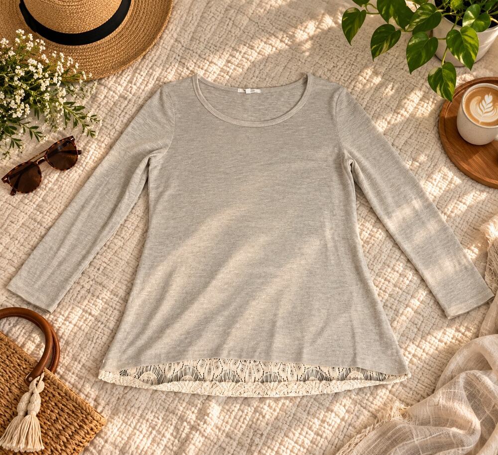 Ava James XL Gray Long Sleeve Top with Ivory Lace Back